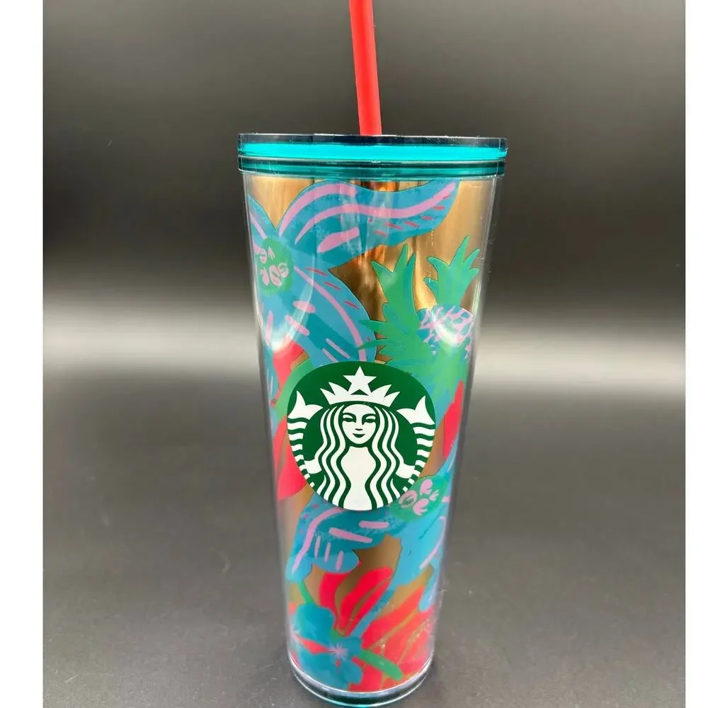 Starbucks 24 oz Reusable Cold Cup Tumbler Tropical Floral Teal Lid Straw